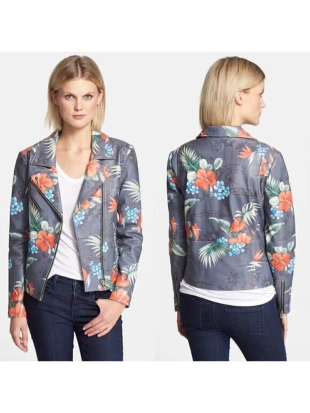Veda Gray Tropical Print Leather Biker Jacket - Small